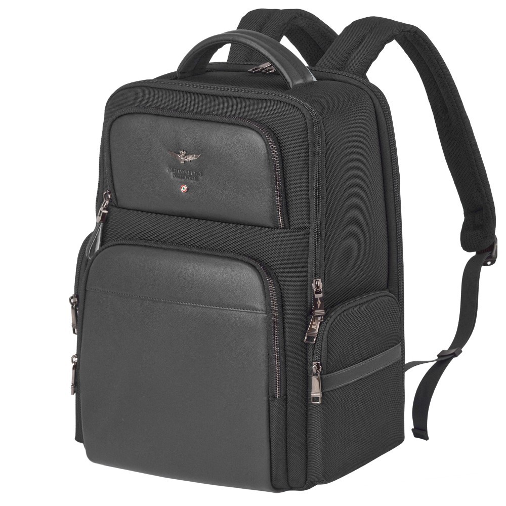 Aeronautica Militare AM-534 Τσάντα Πλάτης Backpack Δέρμα με Ύφασμα Μαύρη Τσάντες